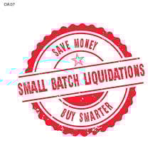 Red circular stamp badge with text Save Money Small Batch Liquidations Buy Smarter on white background